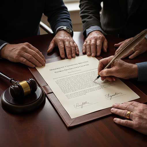 Hands of church elders signing a governance document, symbolizing the Accountability Structure and transparent oversight by partner churches.