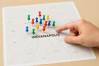 A strategic map of Indianapolis with pins, symbolizing a maximized reach across the city through partnership.