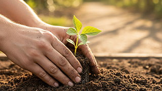 Hands planting a small green seedling into soil, symbolizing the growth of new churches.