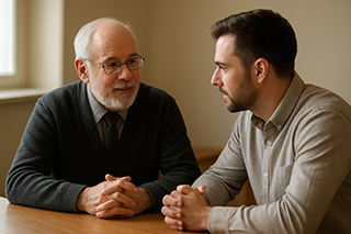 An experienced church elder mentoring a new church planter, symbolizing the leadership and accountability pathway.