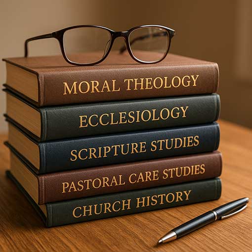 A stack of theological books on a desk, representing a theologically motivated philosophy as a pillar of church health.